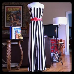Black White Striped Pants Jumpsuit Large